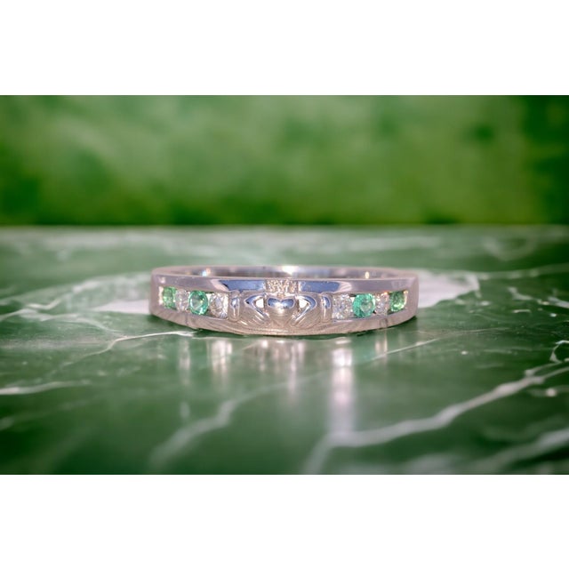 Contemporary The Adare: Irish Signed Designer Natural Emerald and Diamond Claddagh Ring in White Gold For Sale - Image 3 of 11