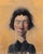 The painting features a stylized portrait of a figure with a serene expression, rendered against a warm, golden...