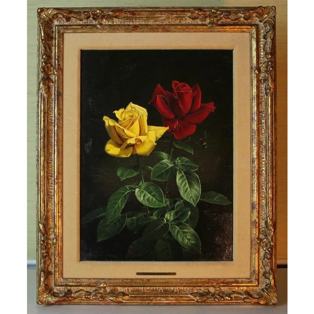 Wolfgang Grünberg, Two Roses with Bumblebee, 1960s, Oil on Canvas, Framed For Sale - Image 9 of 9