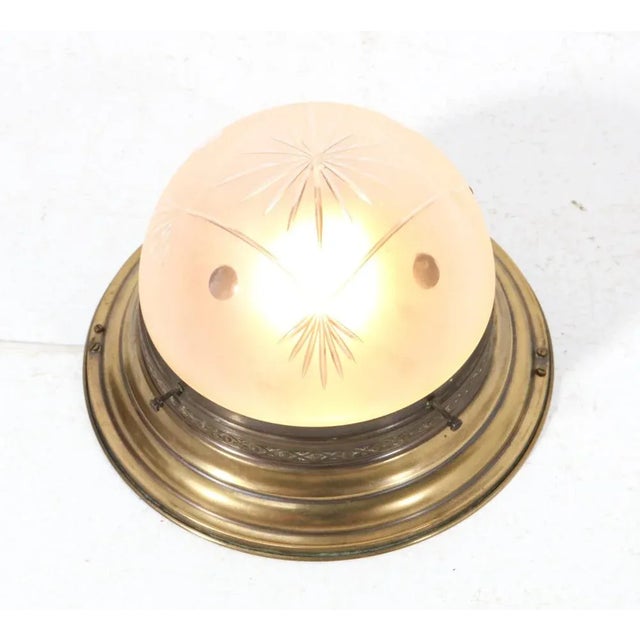 Metal Art Nouveau Patinated Brass Cut Blown Glass Flush Mount Ceiling Light, 1900s For Sale - Image 7 of 8