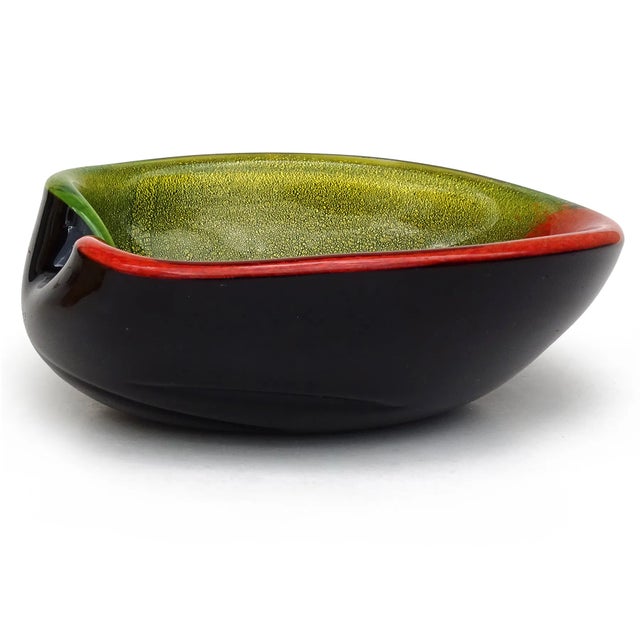 Glass Vintage Murano Half Red Green Gold Flecks on Black Italian Art Glass Heart Shape Decorative Bowl For Sale - Image 7 of 10