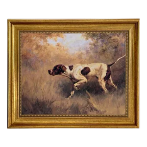 On Point English Pointer Oil Painting Print on Canvas in Antiqued Gold Frame- an 11" X 14" Print, Framed to 14-1/2" X 17-1/2"