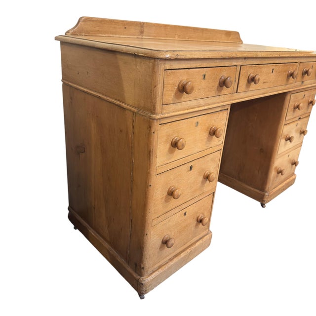 19th Century Victorian Pine Pedestal Desk with Raised Gallery, 1880 For Sale - Image 5 of 10