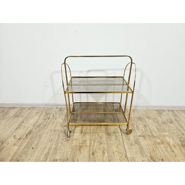 Bauhaus Mid-Century Modern Folding Bar Cart in Brass and Ribbed Acrylic Glass, 1960s For Sale - Image 3 of 18