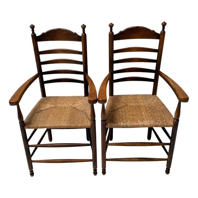 Rustic Dutch Ladder Back Armchairs in Patinated Beech, 1900s, Set of 2 For Sale