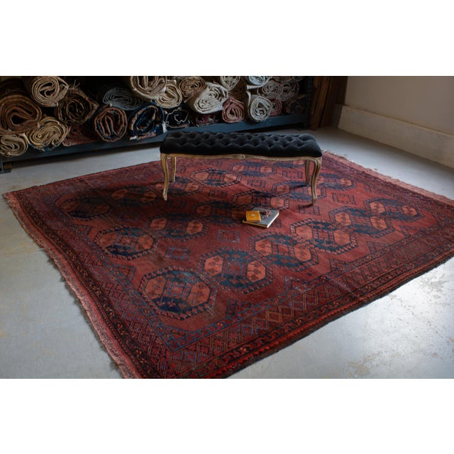 Tribal Antique Allover Tribal Geometric Coral Red Navy Blue Hand-Knotted Wool Low Pile Rug - 8’3” X 9’5” For Sale - Image 3 of 12
