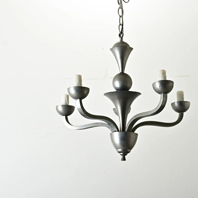 French Vintage Modern Pewter-Tone Chandelier For Sale - Image 11 of 12