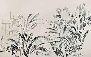 François Quelvée, Landscape, Ink Drawing, Mid-20th Century