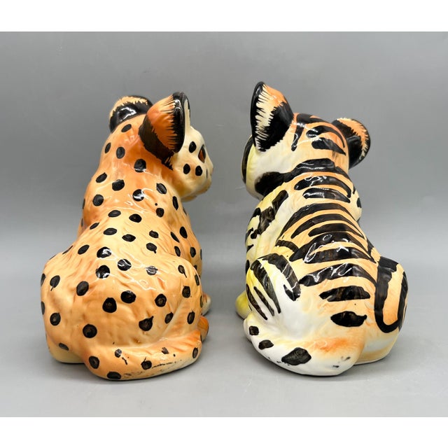 Mid 20th Century Vintage Shafford Japan Ceramic Leopard & Tiger Cub Figurines — Hand-Painted Pair — Hollywood Regency / Whimsical For Sale - Image 5 of 11