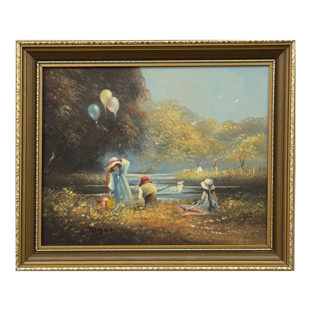 Oil Painting of Children Playing on Summers Day in the English Countryside 1980 Circa For Sale