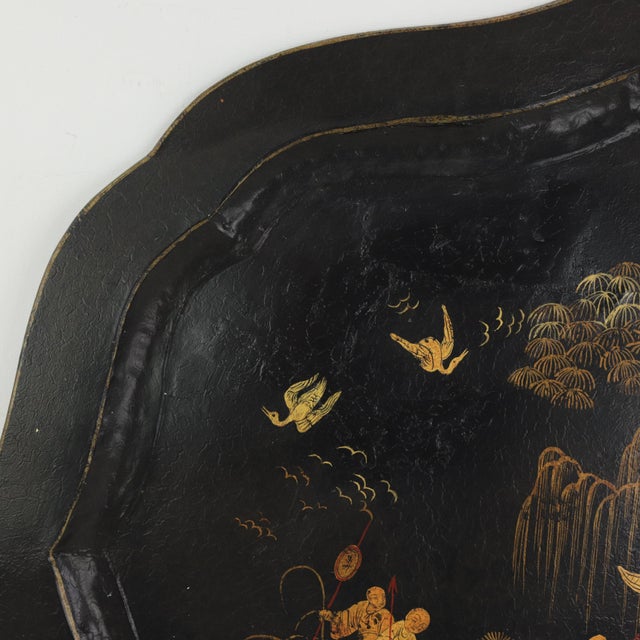 Vintage Hand Painted Chinoiserie Tole Tray Black Lacquer With Gold Gilt Scenic Pagoda Motif For Sale - Image 12 of 16