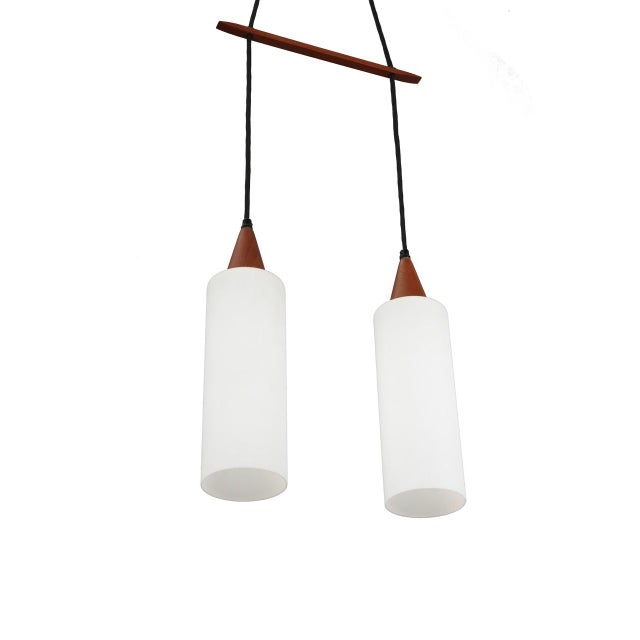 Mid-Century Modern Mid-Century Danish Tube Pendant Lights in Glass and Teak with Spacers, 1960s, Set of 2 For Sale - Image 3 of 16