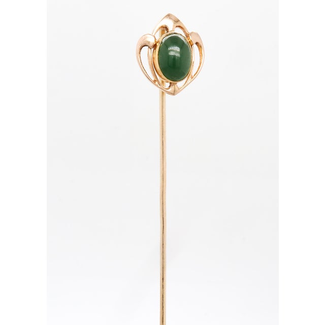Signed Krementz 14k Gold & Nephrite Jade Cabochon Art Deco Stickpin For Sale - Image 4 of 13