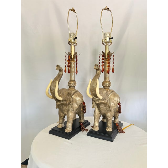 Chinoiserie Pair of Vintage Elephant Table Lamps With Original Pagoda Shades - Attributed to Mark Roberts For Sale - Image 3 of 8