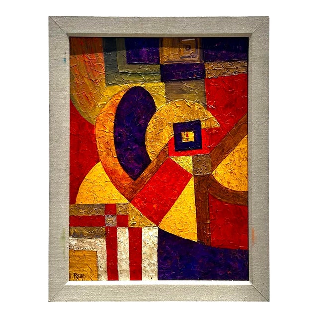 Vintage Abstract Geometric Oil Painting on Canvas Signed For Sale