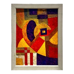 Vintage Abstract Geometric Oil Painting on Canvas Signed