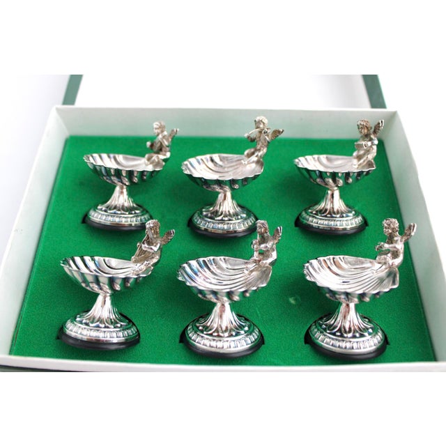1970s 1970s Pedro Duran Silver Cherub Putto Salt Cellars & Spoons, Spain Set of 6 - 12 pcs For Sale - Image 5 of 6