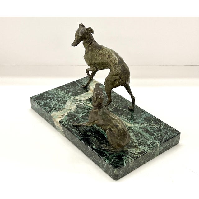 Antique Greyhound Whippet Sculpture in Aged Bronze and Serpentine / Verde Marble Base For Sale - Image 4 of 13