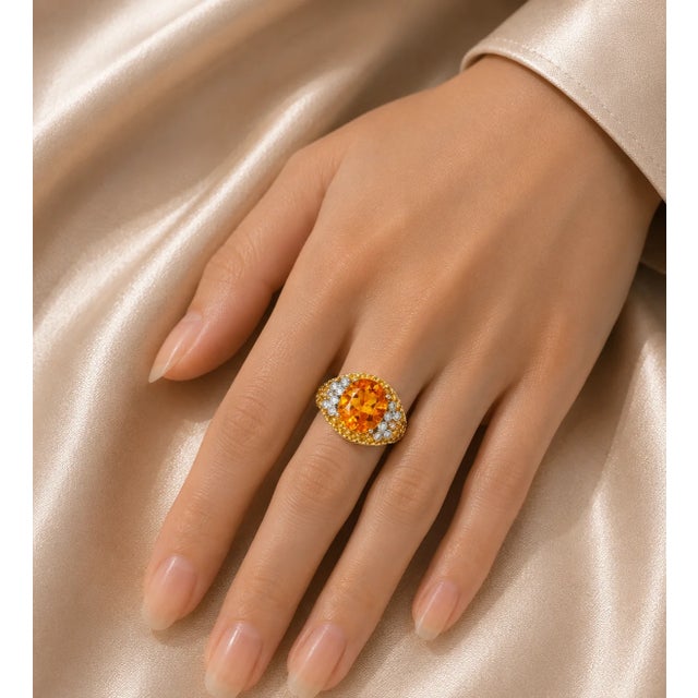 Art Deco Late 20th Century 14K Yellow Gold Huge Orange Citrine Diamond Designer Ring, Size 7 For Sale - Image 3 of 3