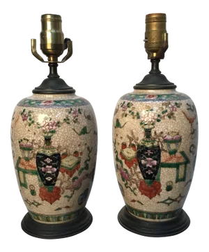 19th Century Antique Asian Hand Painted Table Lamps - a Pair