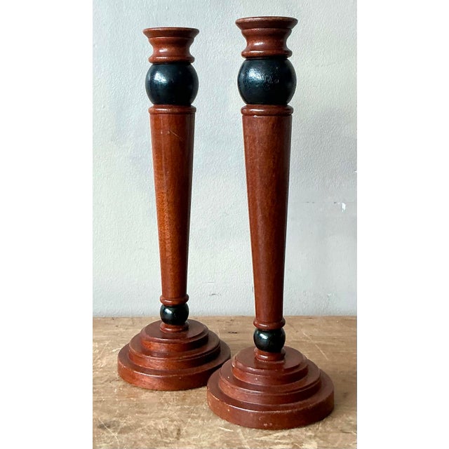 Brown Vintage Regency Carved Pillar Candlesticks - A Pair For Sale - Image 8 of 9
