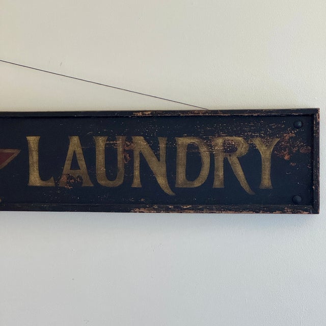 Wood Early 20th Century Antique Large "The Red ★ Laundry" Horizontal Wood Sign With Gold Whimsical Lettering & Red Star For Sale - Image 7 of 17