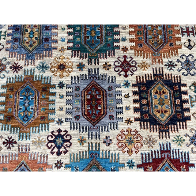 Ivory Ivory & Blue Sultani Natural Dye Wool Rug, Tribal Geometric Medallion Design, 6′10″ × 9′10″ For Sale - Image 8 of 14