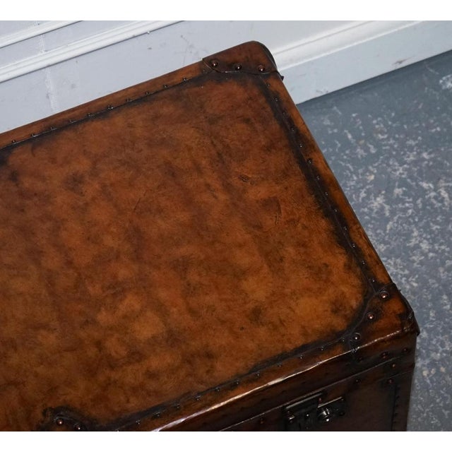 Animal Skin Vintage Hand-Dyed Brown Leather Lockable Storage Trunk For Sale - Image 7 of 16