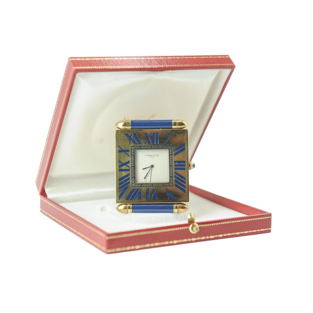 Folding Quartz Movement Alarm Clock in Gilt Metal and Blue Enamel from Cartier, 1980s, Set of 2 For Sale - Image 14 of 14