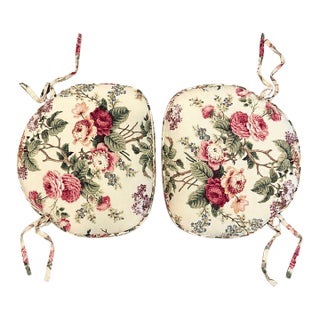 Reversible Custom Made Floral Rose Print Tie-on Chair Seat Cushions – A Pair For Sale