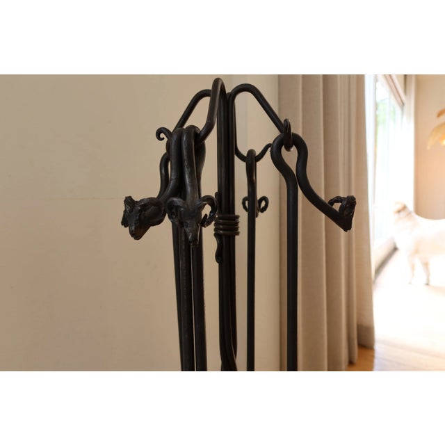 Vintage Hand Wrought Iron Ram's Head Fireplace Set For Sale In Los Angeles - Image 6 of 8
