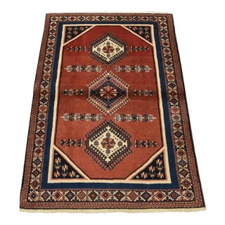 Yalameh Rug 3’3” X 4’9” Red Wool Vintage Tribal Hand-Knotted Oriental Carpet For Sale
