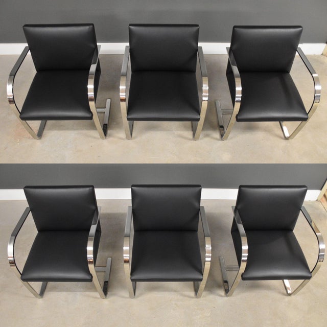 Mid-Century Modern Mies Van Der Rohe Knoll Black Leather Chrome Brno Dining Chairs - Set of 6 For Sale - Image 3 of 10