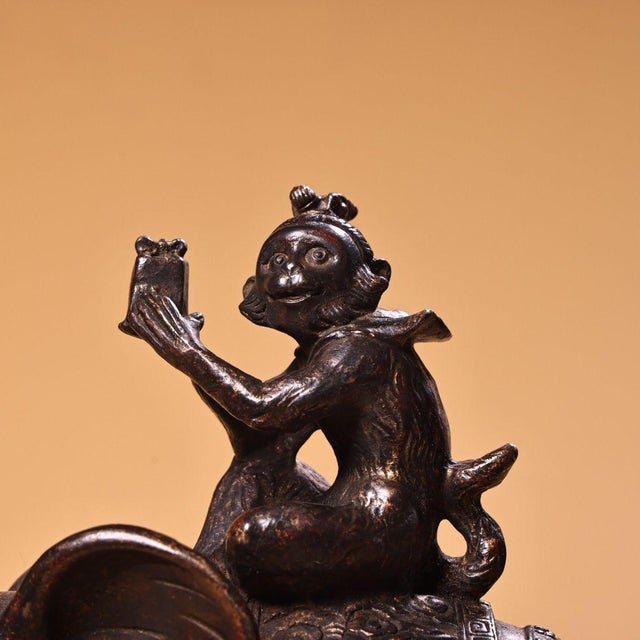 Antique Chinese Solid Copper "Feng Hou Bai Xiang" Monkey on Elephant Figurine - Auspicious Scholar Official Symbol, Heavy Bronze Sculpture For Sale In Los Angeles - Image 6 of 9