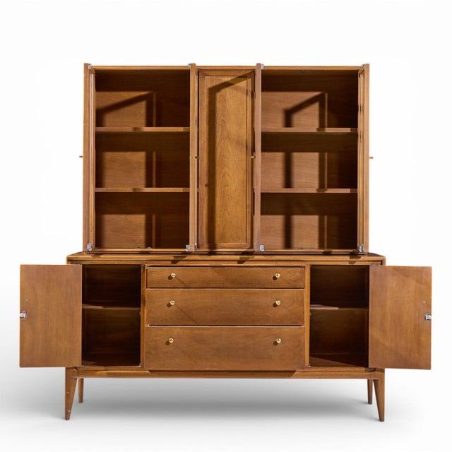 Mount Airy Facade Mid Century Walnut and Brass Credenza and Hutch The credenza measures: 62 wide x 19 deep x 32 inches...