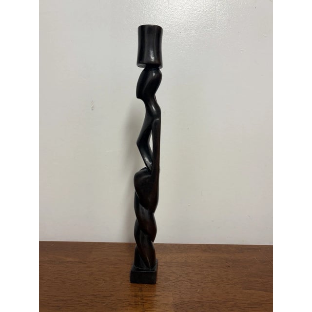 Folk Art Vintage Hand-Carved Dark Wood Figural Candlestick, 12 Inch For Sale - Image 3 of 10
