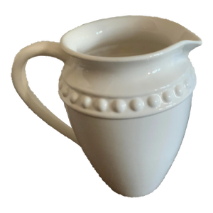 White Ceramic Pitcher With Beaded Design & Curved Handle From Portugal