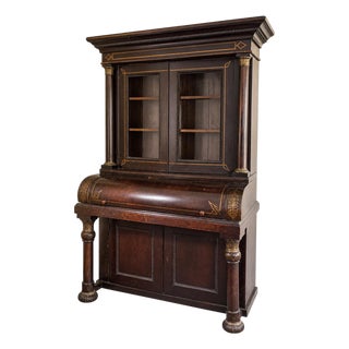 Antique Loud & Brothers Cylinder Roll Top Desk With Bookcase, Ebonized & Gilt Detail For Sale