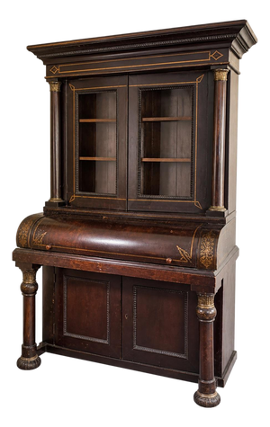 Antique Loud & Brothers Cylinder Roll Top Desk With Bookcase, Ebonized & Gilt Detail
