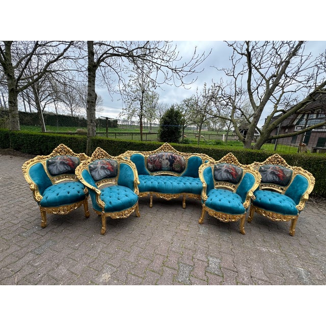 1900s French Louis XVI Blue/Green Velvet Beech Sofa Set 5pc For Sale - Image 6 of 18