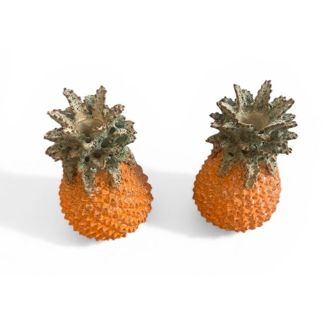 Pair of Vintage Italian Mid-Century Ceramic Pineapple Candleholders For Sale - Image 4 of 9