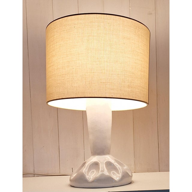 1980s Vintage Handmade Table Lamp with White Ceramic Base and Beige Fabric Shade, 1980s For Sale - Image 5 of 8