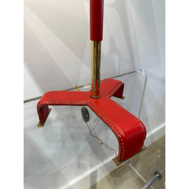 Vintage Jacques Adnet Style Red Stitched Leather Table Lamps, 1950's France - a Pair For Sale - Image 9 of 12