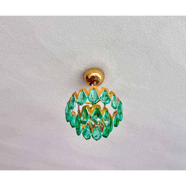 1960s 1960s Luxury Mini Brass Chandelier With Turquoise Crystal Drops, Starburst Shadow Ceiling Projection Light, Restored Antique Style Light Fixture For Sale - Image 5 of 18