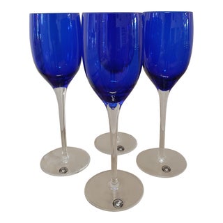 Vintage Romania Cobalt & Clear Blown Glass Wine Goblets - Set of 4 For Sale