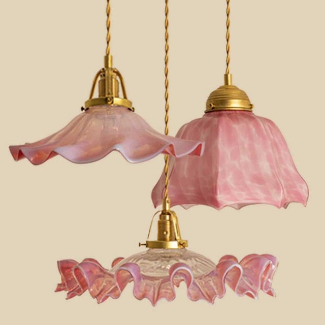 Art Deco Ruffled Murano Hand Blown Glass Pendants in Pink and White, 1940 For Sale - Image 11 of 11