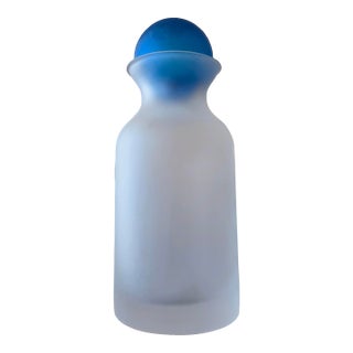 Vintage Frosted Glass Decanter / Bottle With Cobalt Blue Ball Stopper For Sale