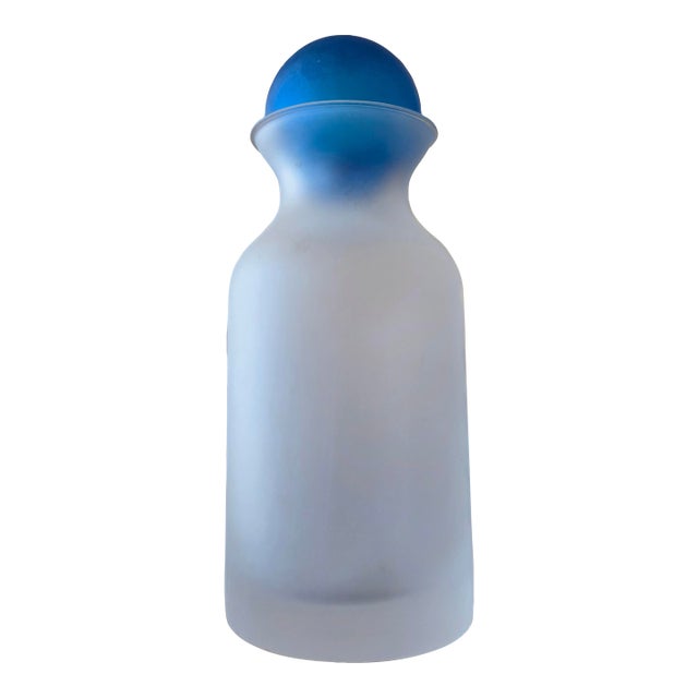 Vintage Frosted Glass Decanter / Bottle With Cobalt Blue Ball Stopper For Sale
