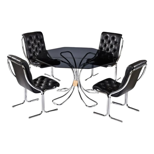 1970s Post Modern Black and Chrome Dining Set With Daystrom Scoop Chairs For Sale
