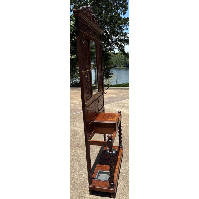 Antique European Hall Tree With Center Mirror, Glove Box and Umbrella Stands For Sale - Image 4 of 11